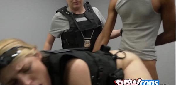  Big ass MILF officers interrogating a thick BBC with their cunts